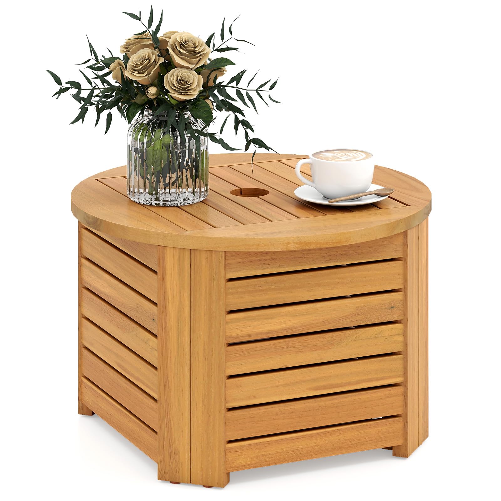Tangkula 2-in-1 Outdoor Side Table with Storage with Umbrella Hole & Removable Base